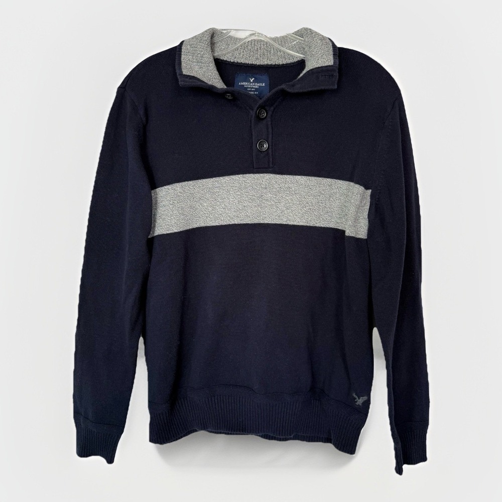 American Eagle Mens Y2K Henley Sweater Sz M Navy Preppy Heritage Classic Stripe